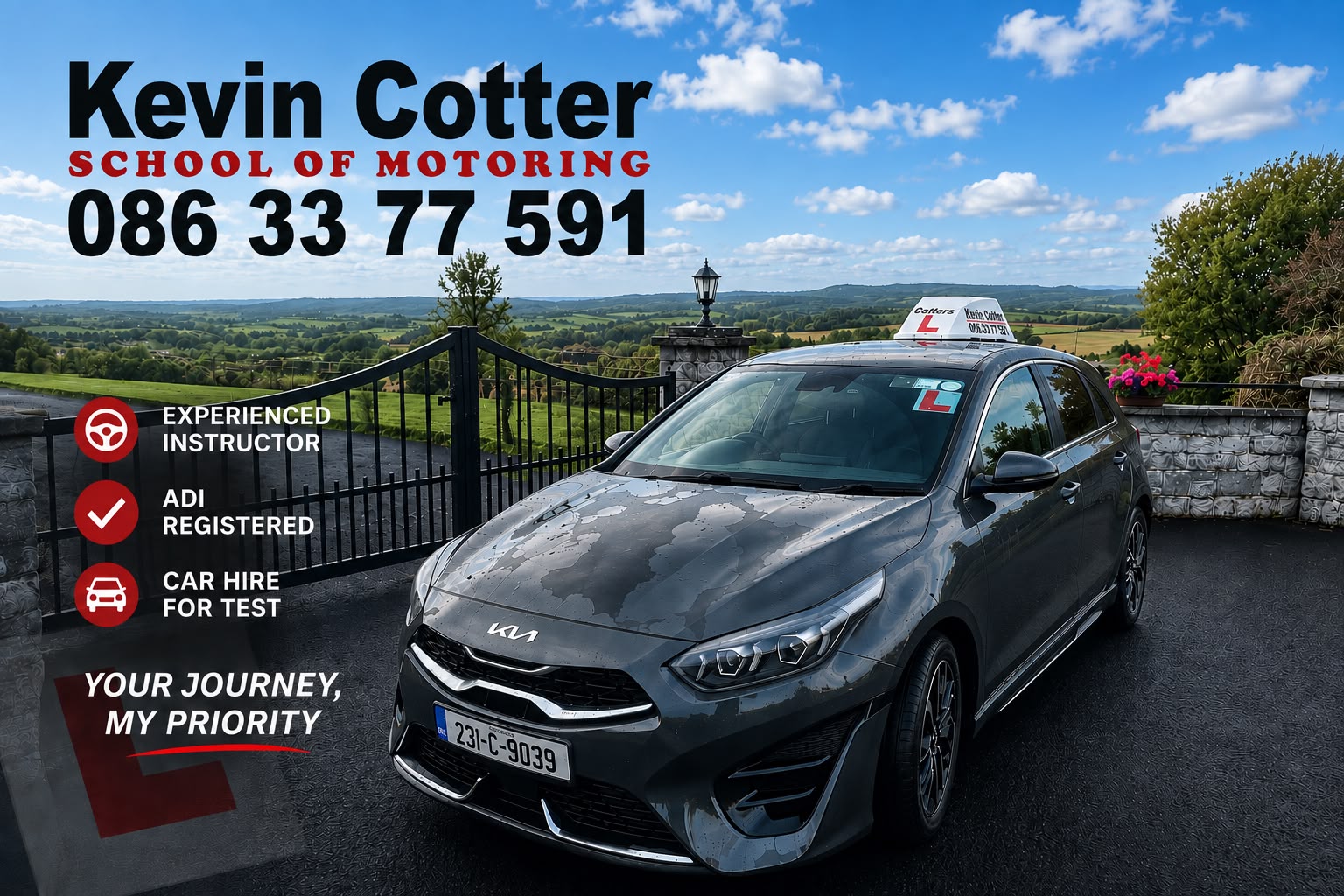 Kevin Cotter School of Motoring Kia learner car in County Clare, with driving school contact details